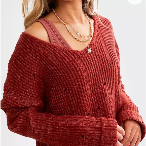 Women's Red Knit Sweater by Daytrip| Destructed | Boho| Buckle| - Picture 2 of 7